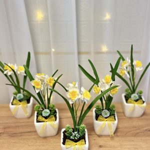 Nárcisz kerámia kaspóban, sárga masnival díszítve