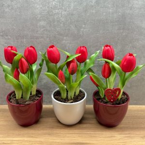 Élethű piros gumi tulipán kerámia kaspóban