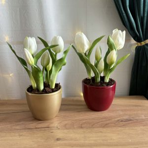 Élethű fehér gumi tulipán kerámia kaspóban
